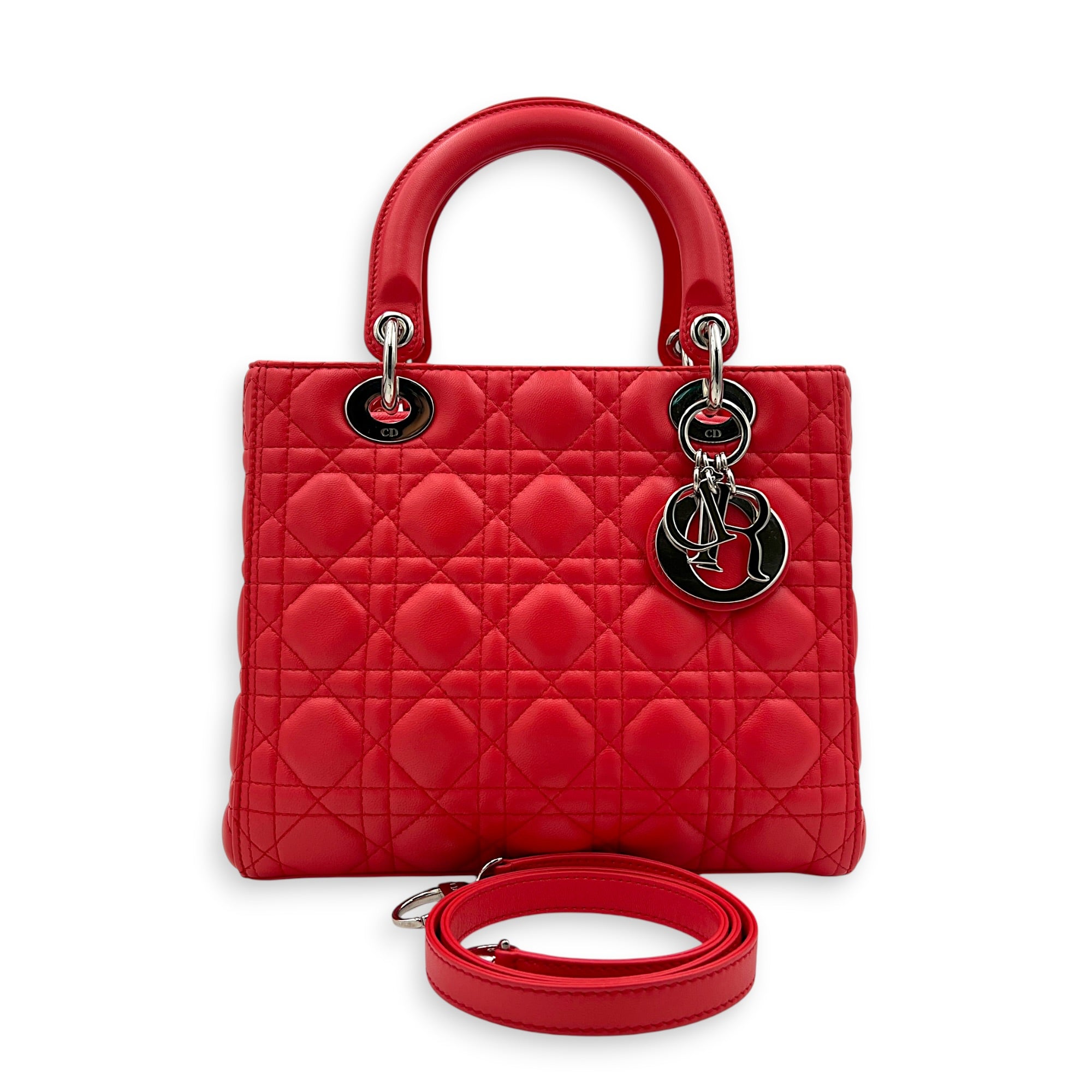 Lady Dior Medium Pink Top Handle Bag in Lambskin, Silver hardware