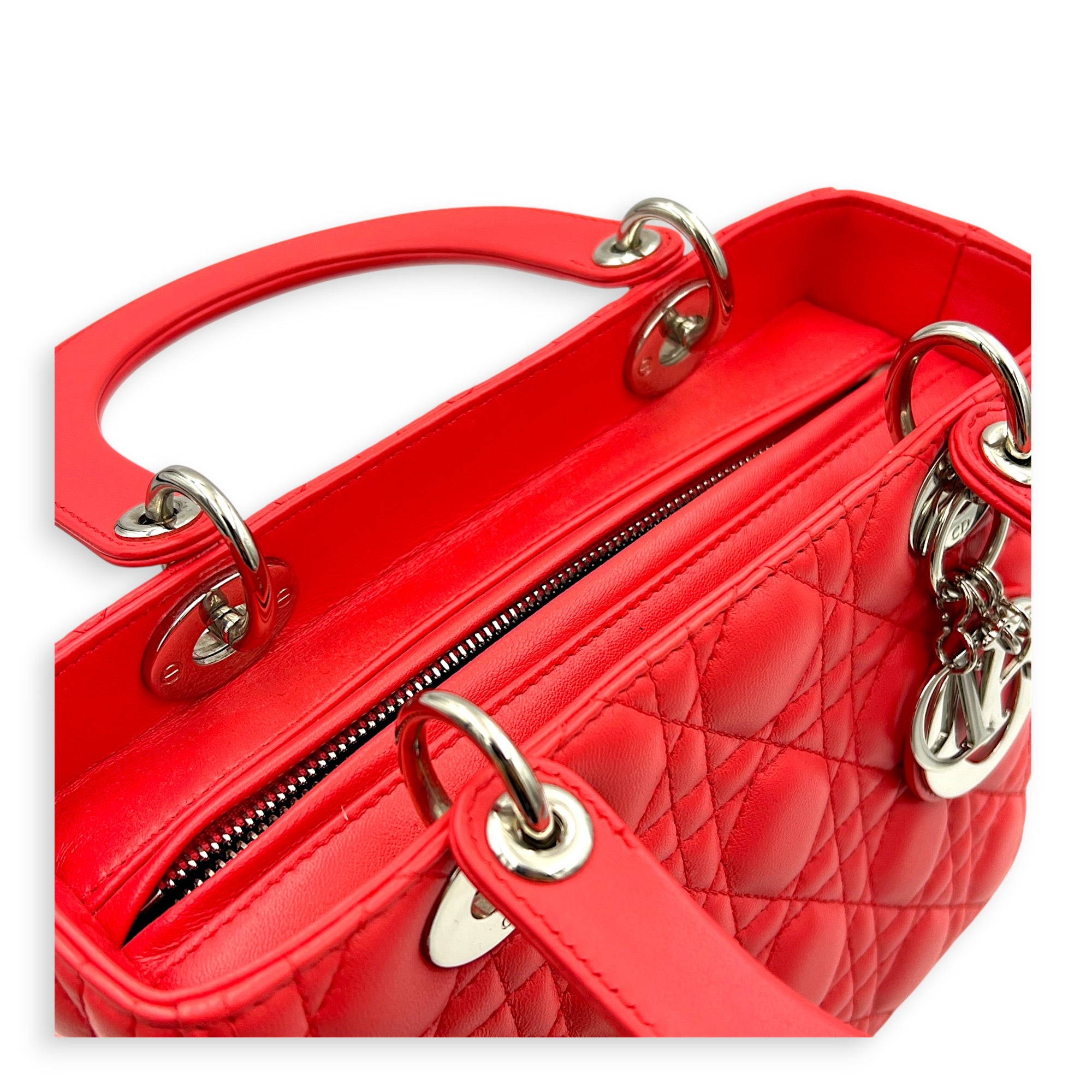 Lady Dior Medium Pink Top Handle Bag in Lambskin, Silver hardware