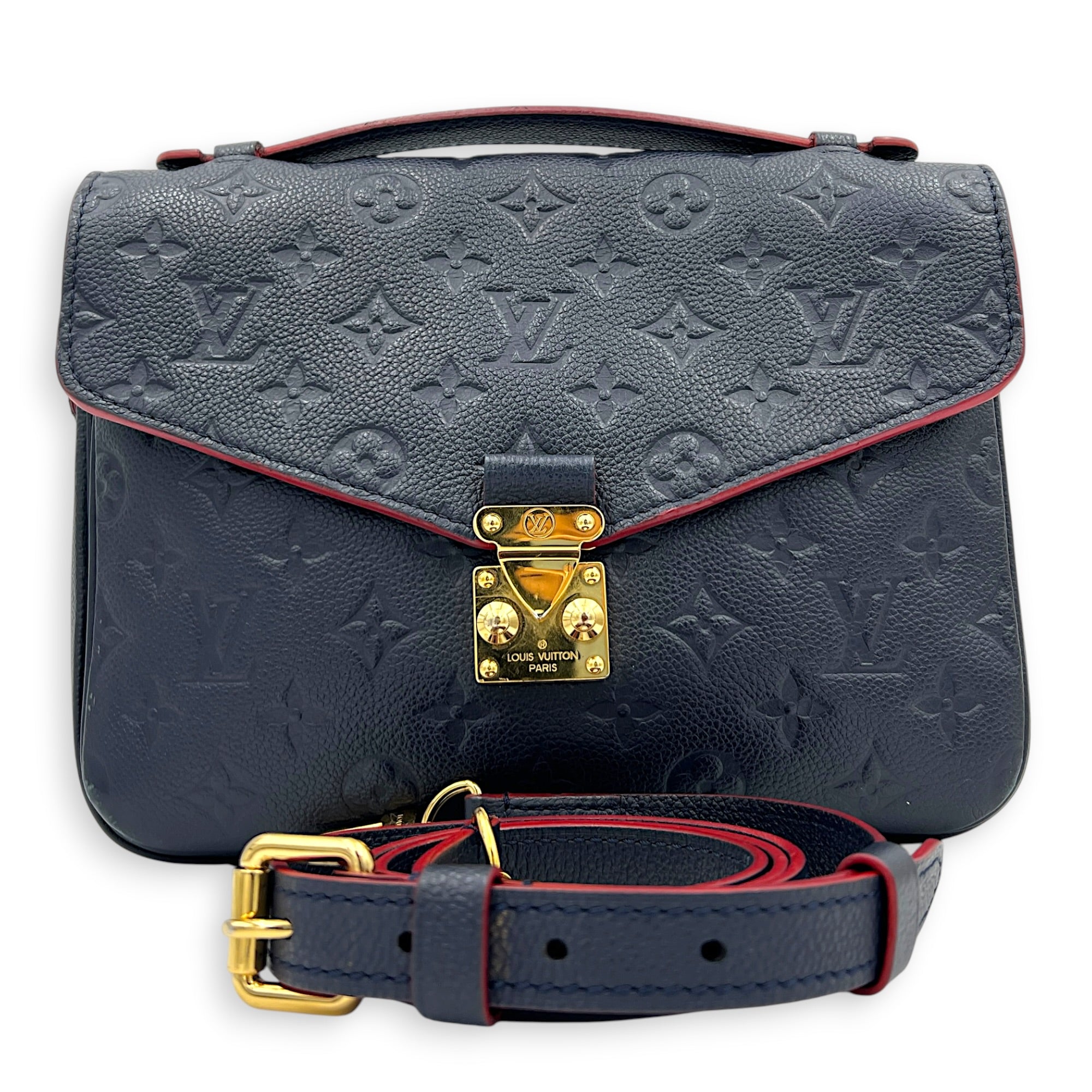 Pochette Metis Blue Top Handle Bag in Empreinte Leather, Gold hardware