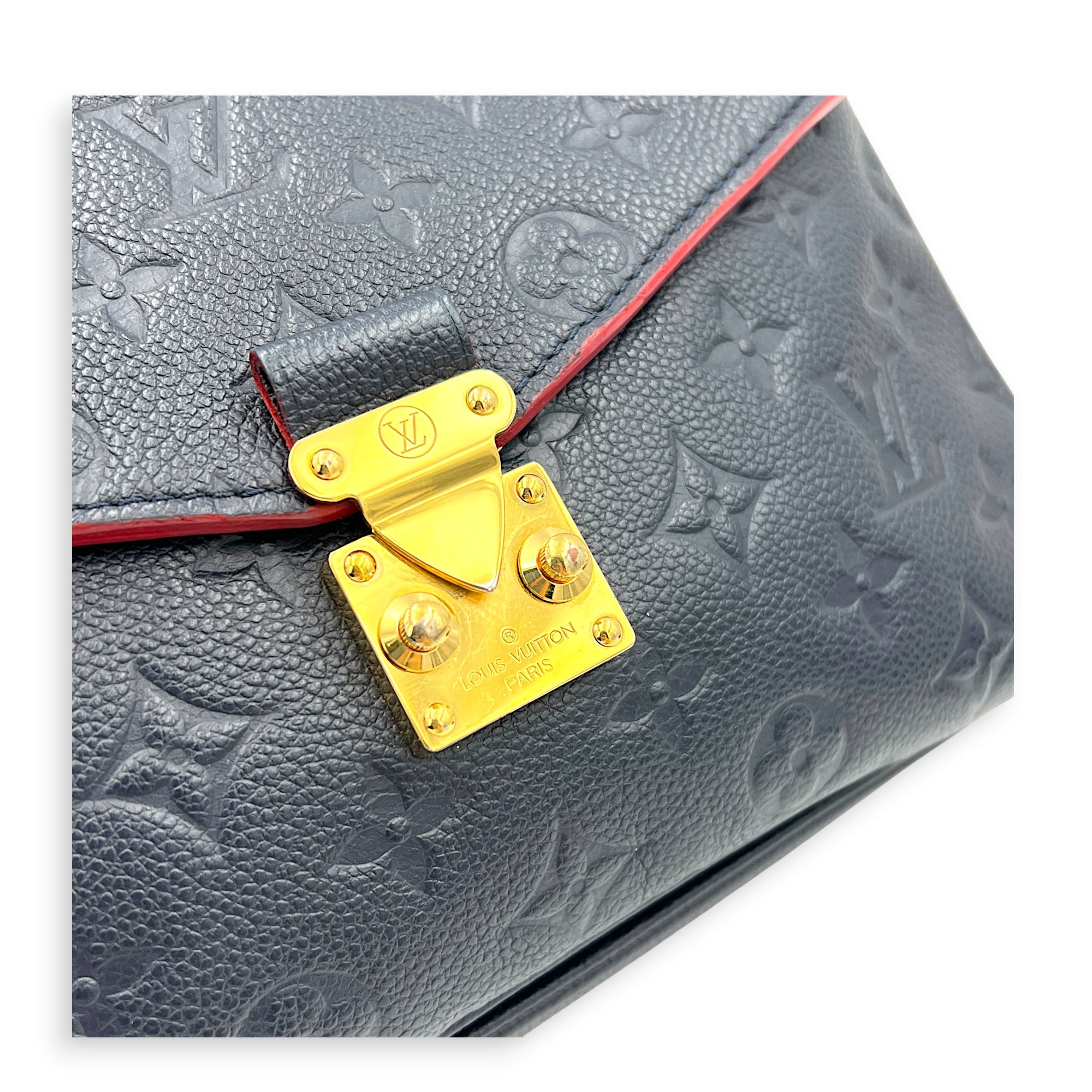 Pochette Metis Blue Top Handle Bag in Empreinte Leather, Gold hardware