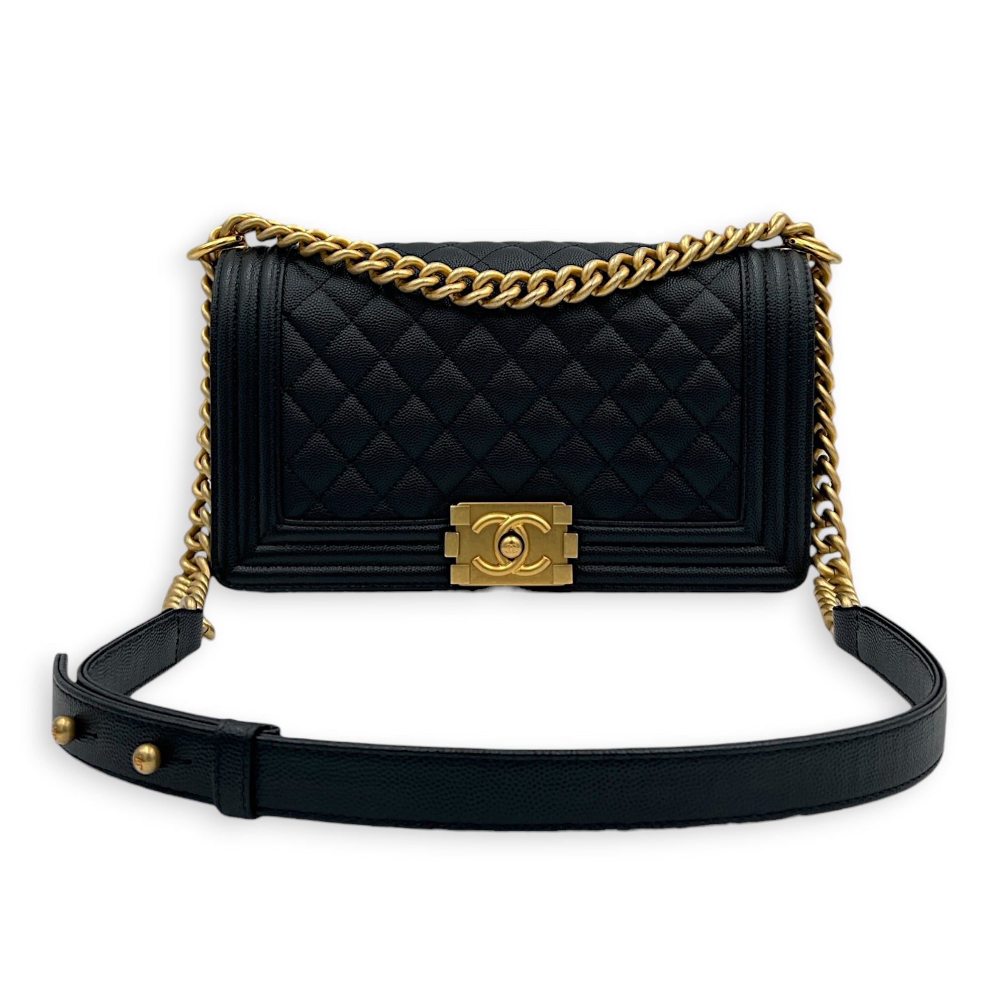 Boy Shoulder Bag Gold in Caviar Leather, Gold hardware