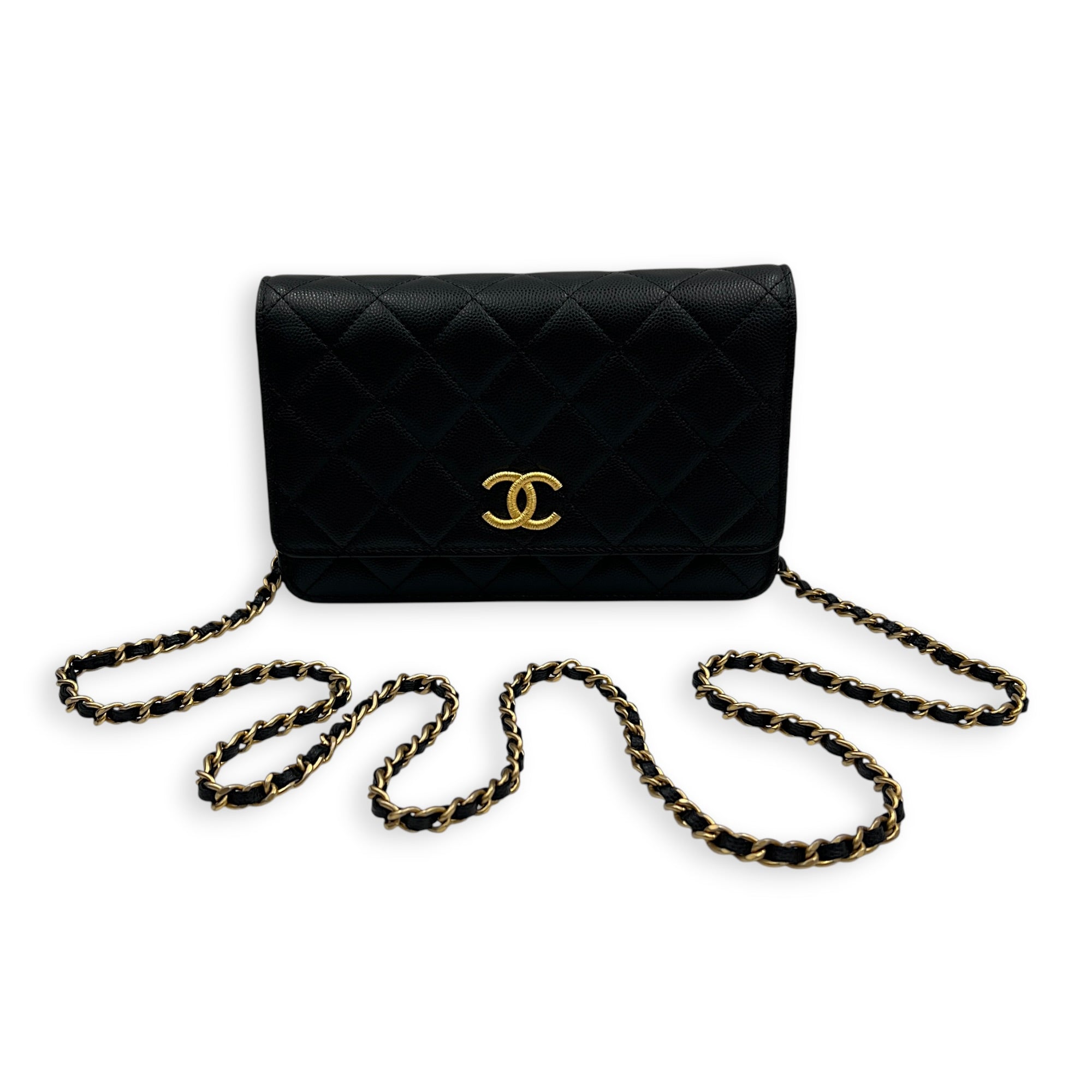 CC Wallet On Chain Black in Caviar Leather, Gold hardware
