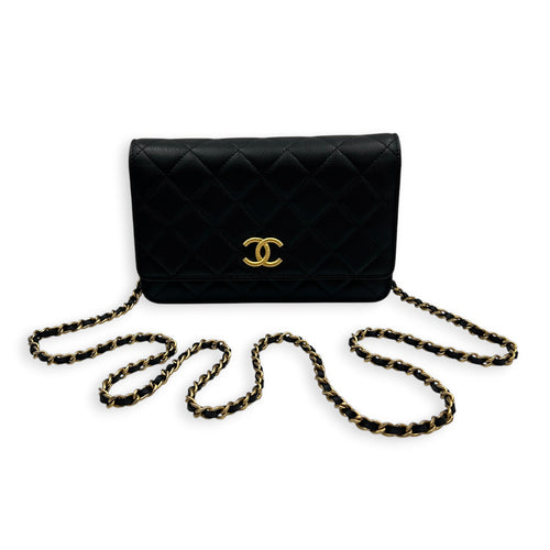 CC Wallet On Chain Black in Caviar Leather, Gold hardware
