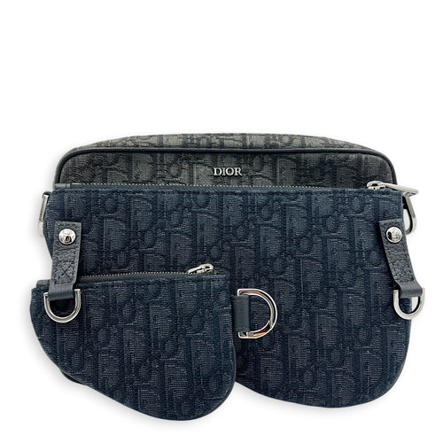 Saddle Triple Pouch Black Crossbody Bag in Oblique Jacquard, Silver hardware