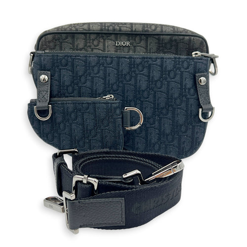 Saddle Triple Pouch Black Crossbody Bag in Oblique Jacquard, Silver hardware