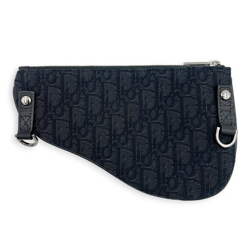 Saddle Triple Pouch Black Crossbody Bag in Oblique Jacquard, Silver hardware