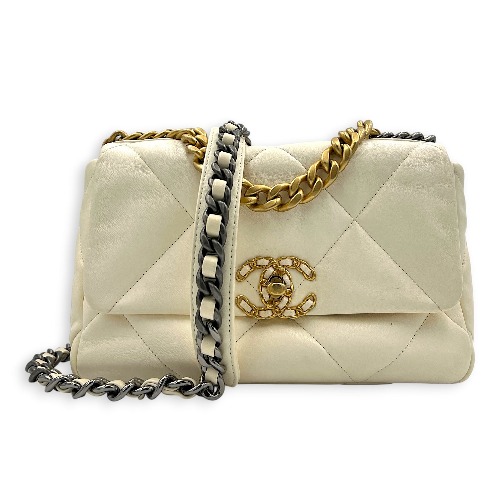 C19 Top Handle Bag White in Lambskin, Mixed hardware