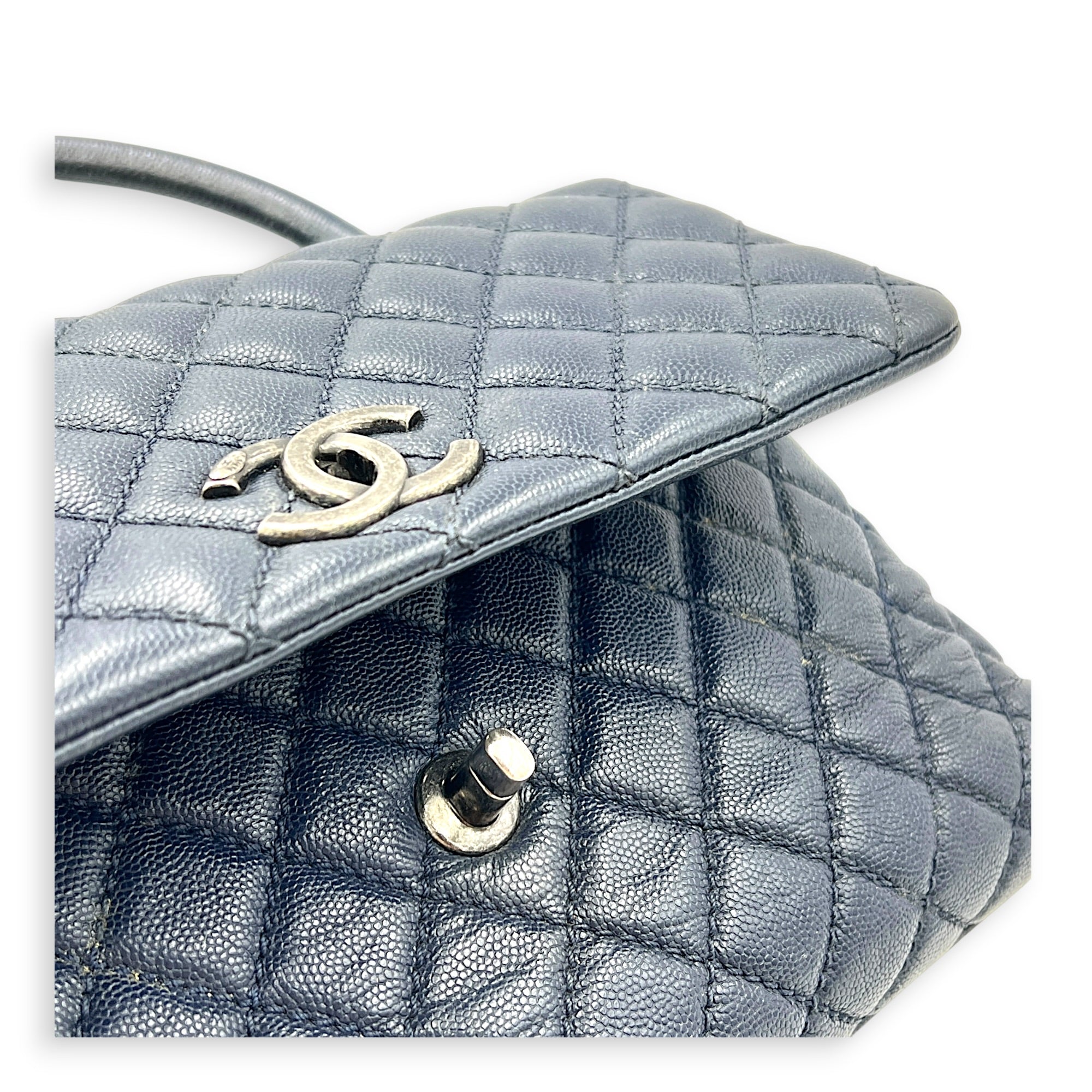 Coco Handle Quilted Top Handle Bag Blue in Caviar Leather, Ruthenium hardware