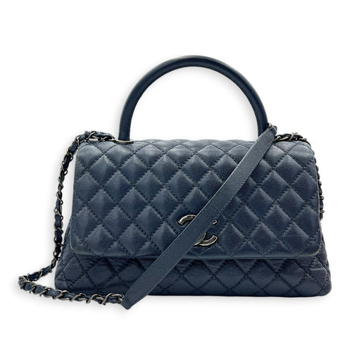 Coco Handle Quilted Top Handle Bag Blue in Caviar Leather, Ruthenium hardware