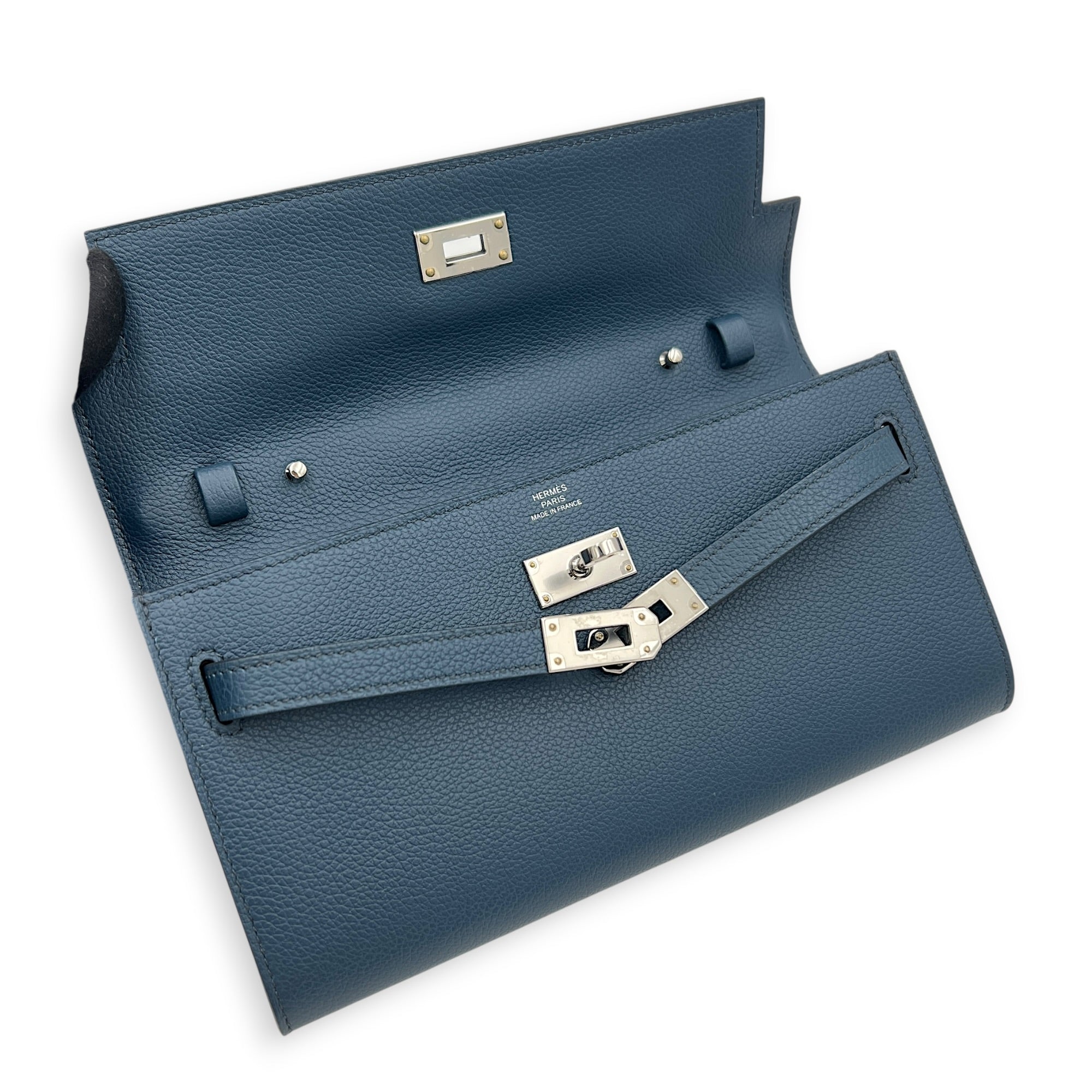 Kelly To Go Bleu de Prusse Wallet in Epsom, Palladium hardware