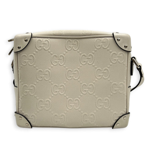 GG Embossed Trunk White Crossbody Bag in Calfskin, Silver hardware