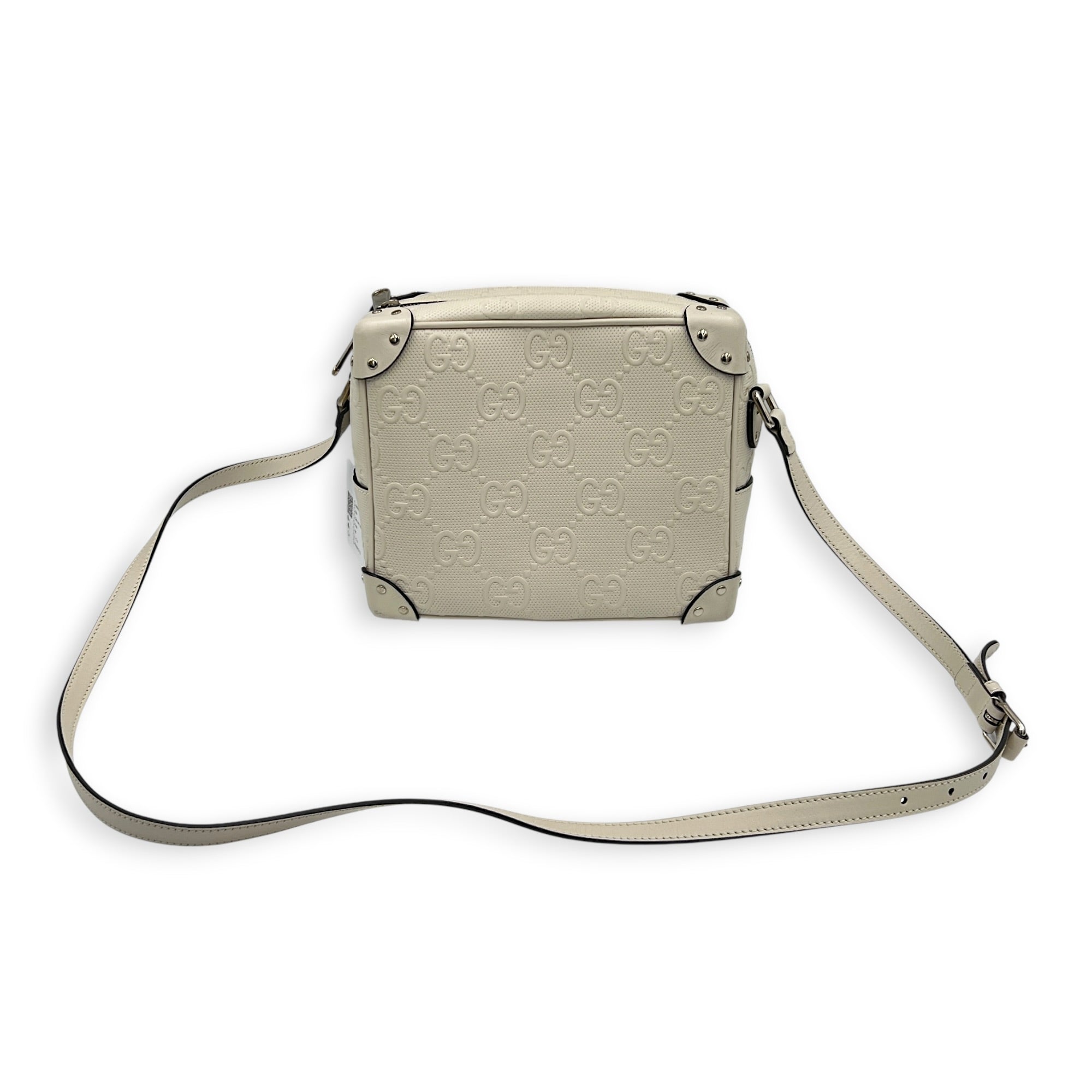 GG Embossed Trunk White Crossbody Bag in Calfskin, Silver hardware