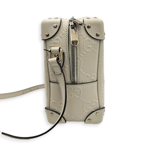 GG Embossed Trunk White Crossbody Bag in Calfskin, Silver hardware