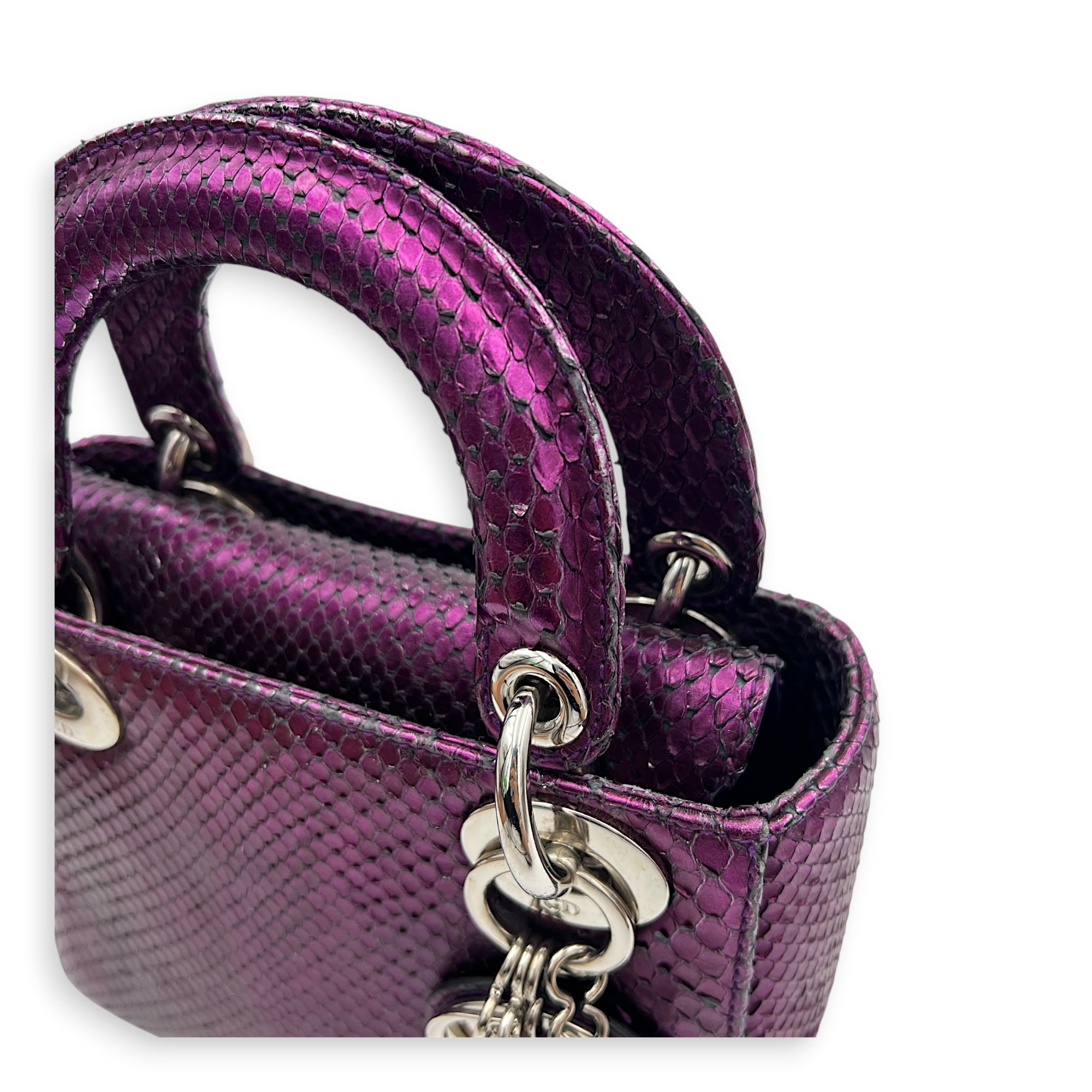Lady Dior Top Handle Bag Mini Metallic Purple in Lizard, Silver hardware