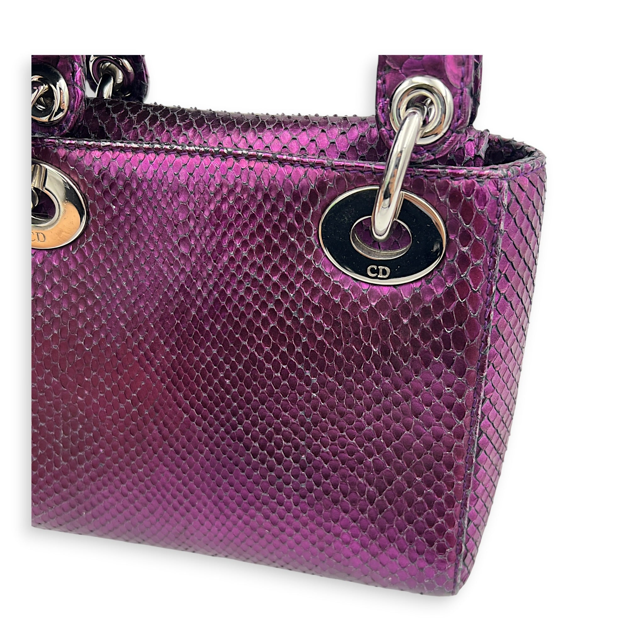 Lady Dior Top Handle Bag Mini Metallic Purple in Lizard, Silver hardware