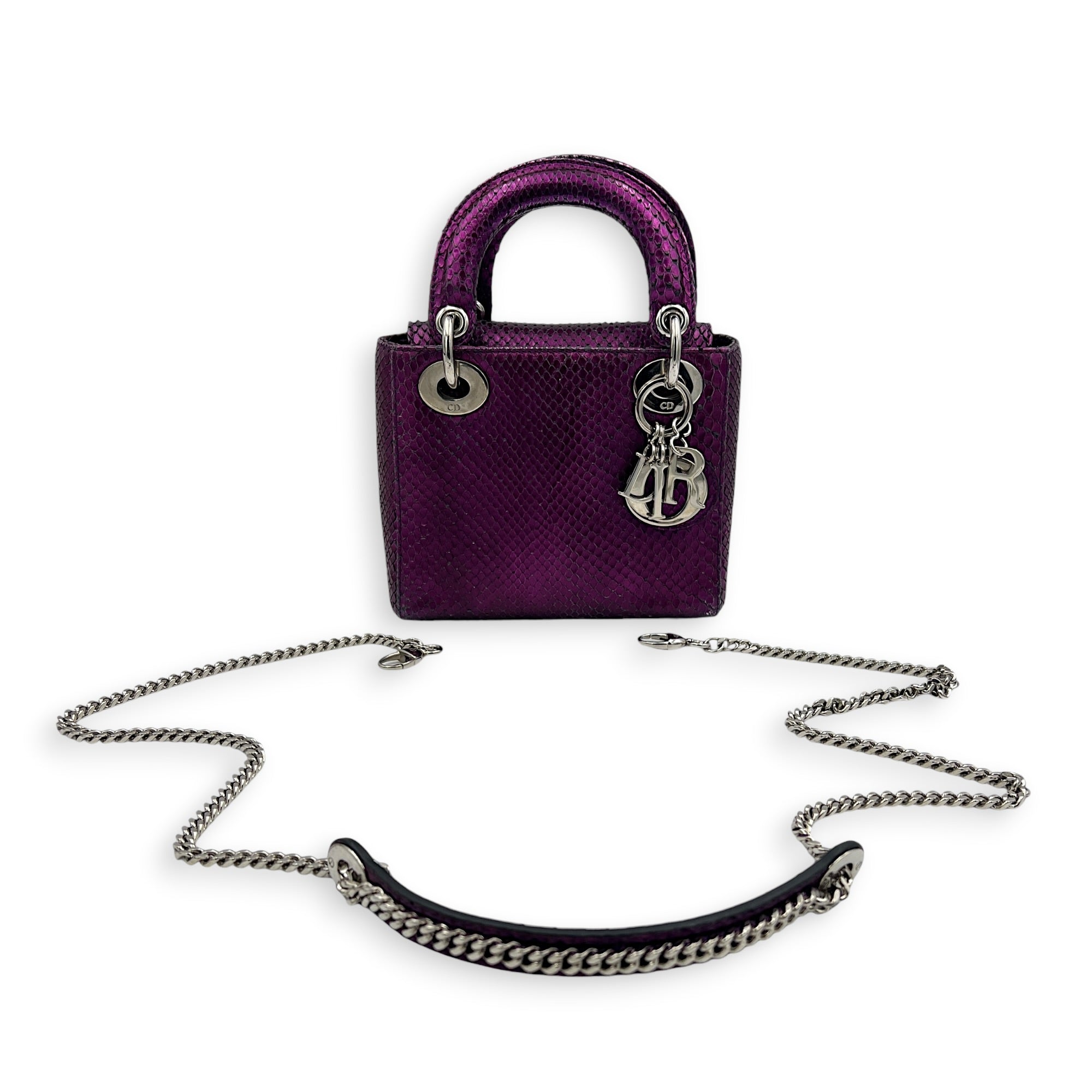 Lady Dior Top Handle Bag Mini Metallic Purple in Lizard, Silver hardware