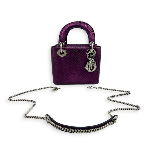 Lady Dior Top Handle Bag Mini Metallic Purple in Lizard, Silver hardware