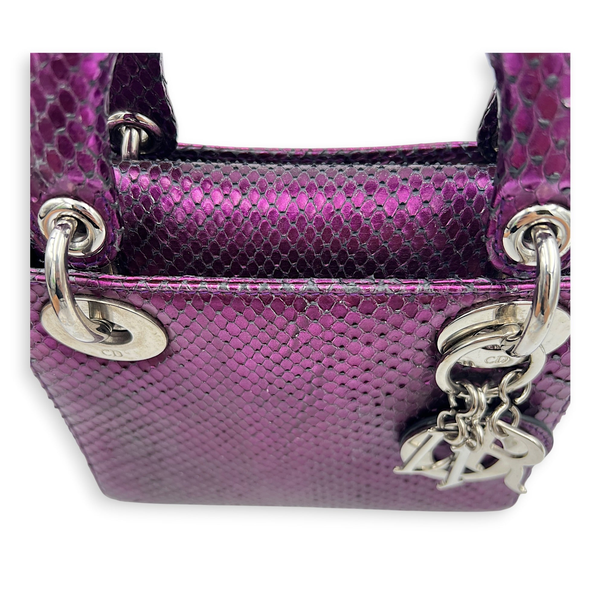 Lady Dior Top Handle Bag Mini Metallic Purple in Lizard, Silver hardware