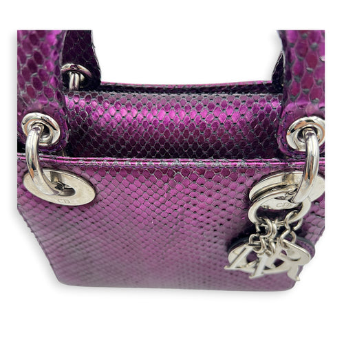 Lady Dior Top Handle Bag Mini Metallic Purple in Lizard, Silver hardware