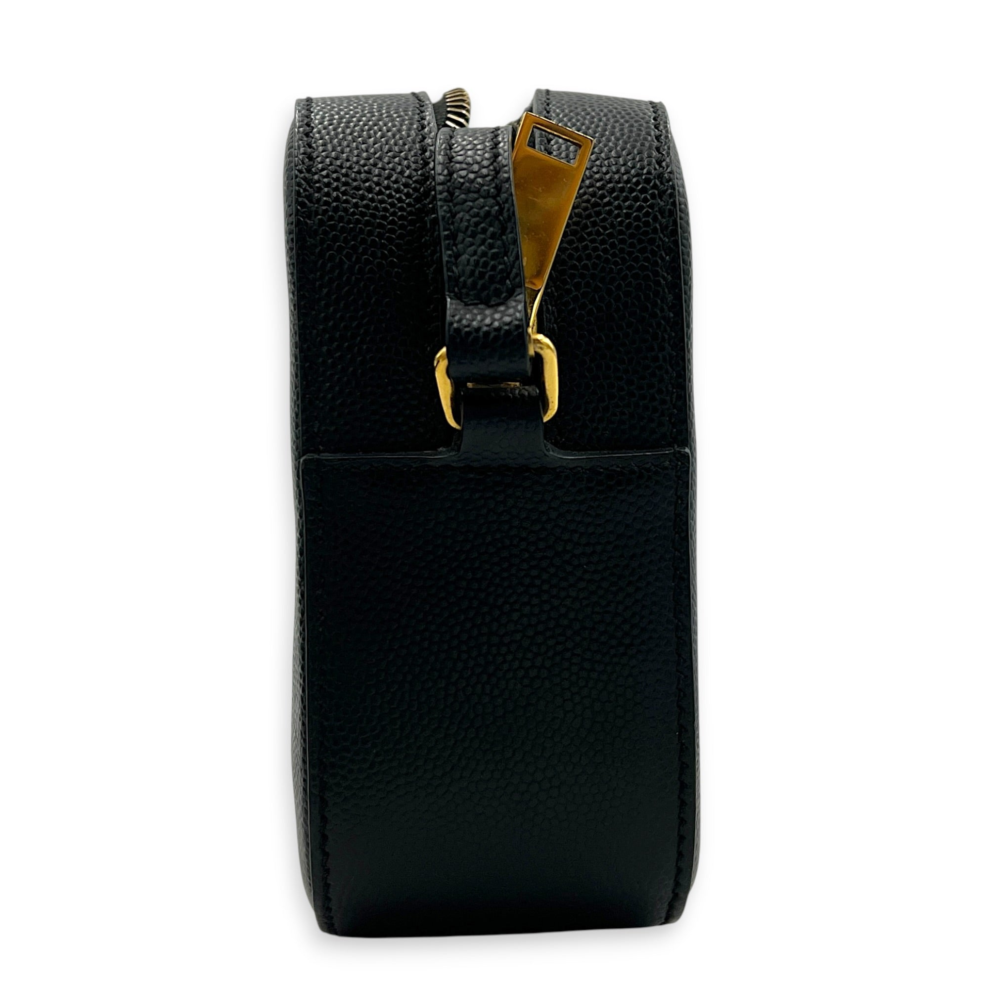Lou Mini Black Crossbody Bag in Caviar Leather, Gold hardware