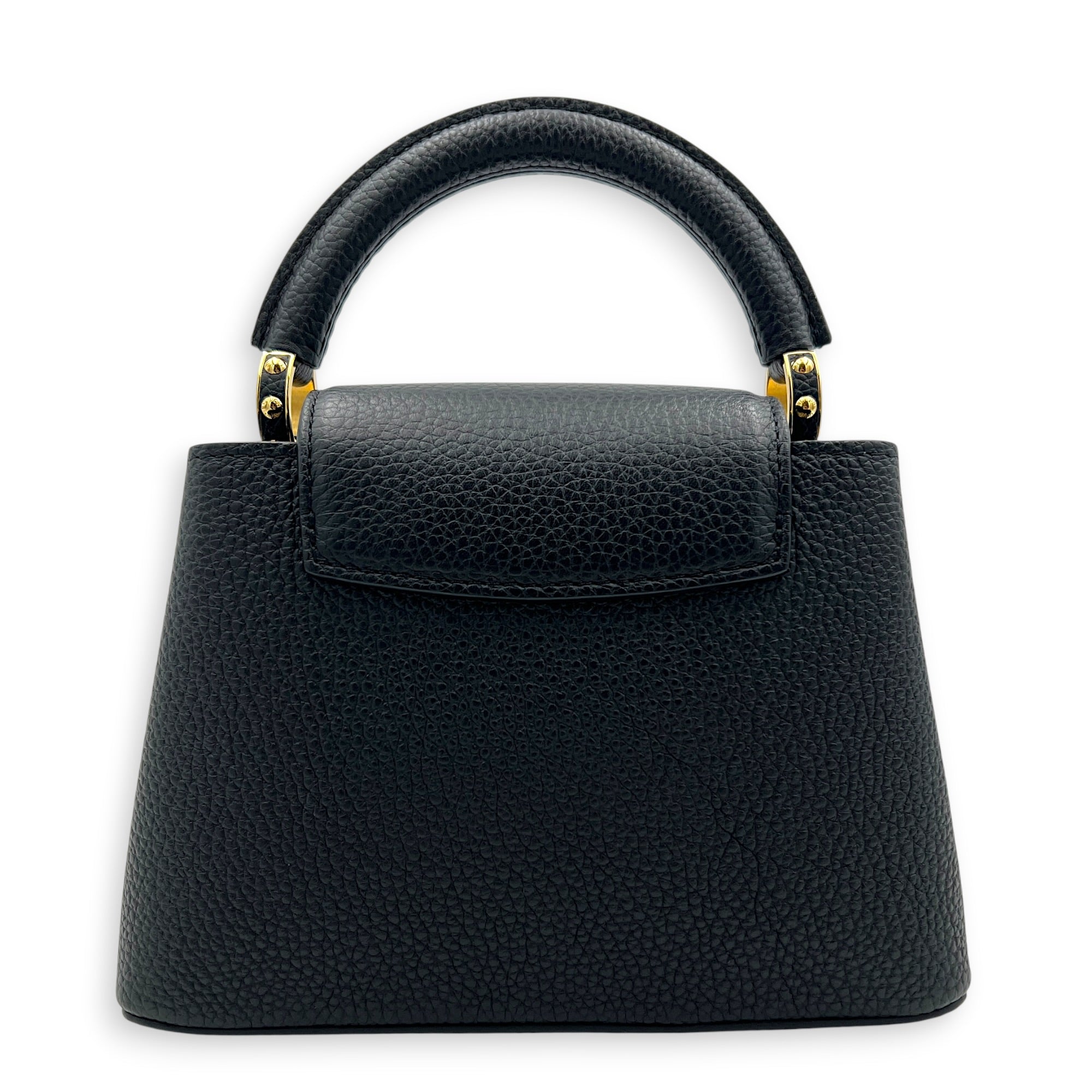 Capucines Mini Black Top Handle Bag in Taurillon Leather, Gold hardware