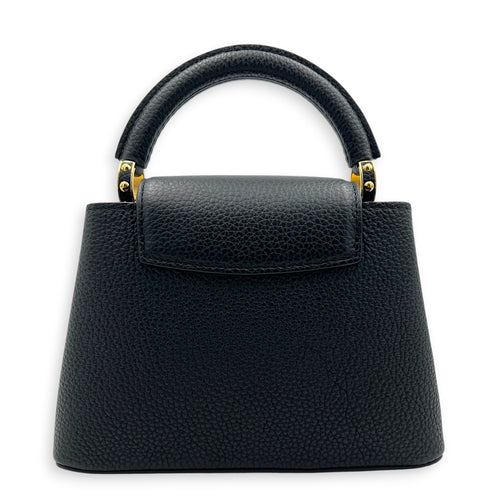 Capucines Mini Black Top Handle Bag in Taurillon Leather, Gold hardware