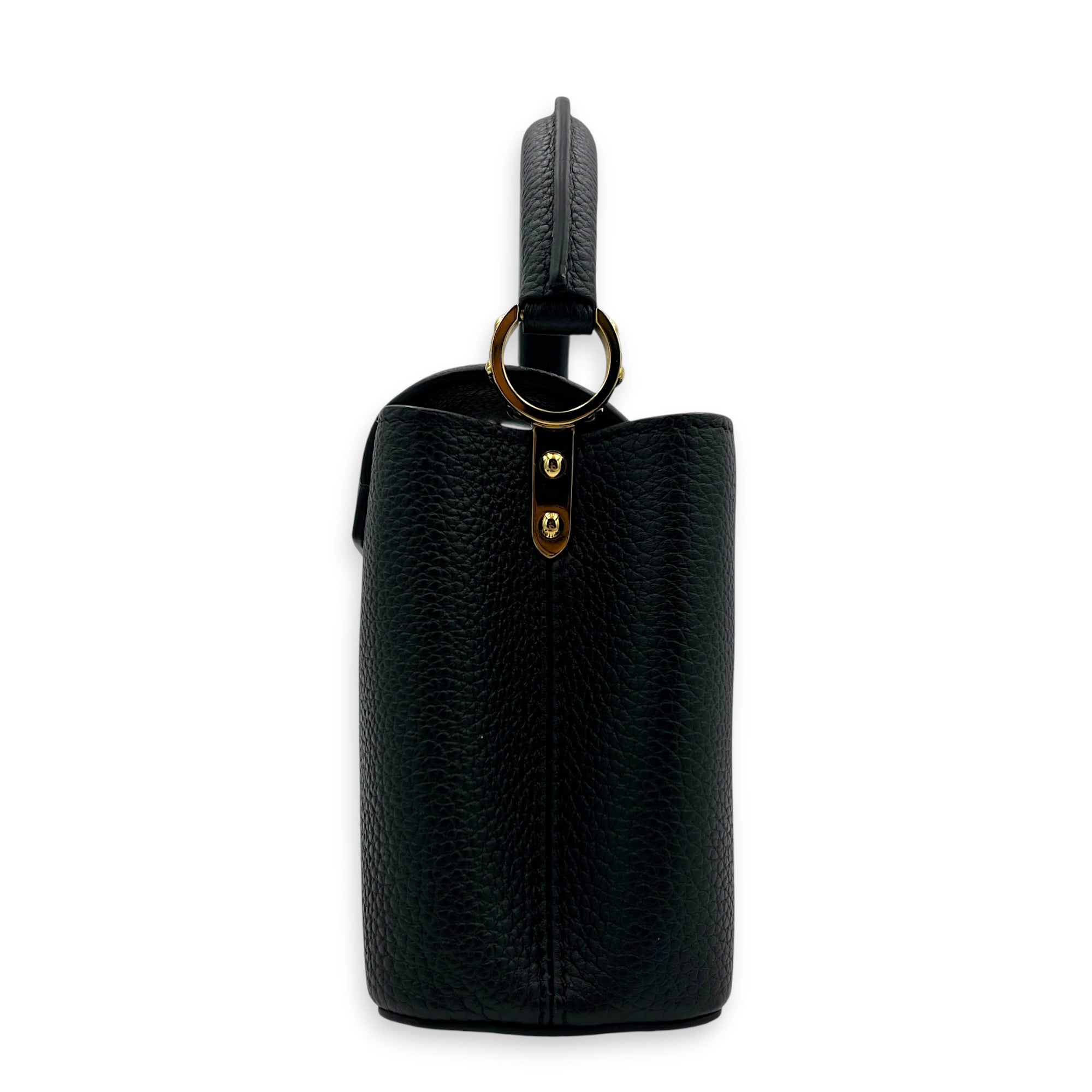 Capucines Mini Black Top Handle Bag in Taurillon Leather, Gold hardware