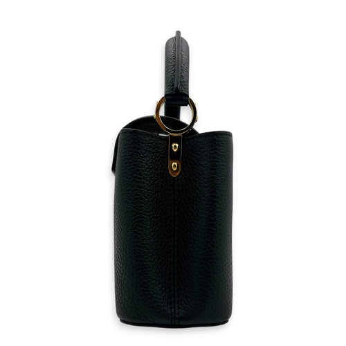 Capucines Mini Black Top Handle Bag in Taurillon Leather, Gold hardware