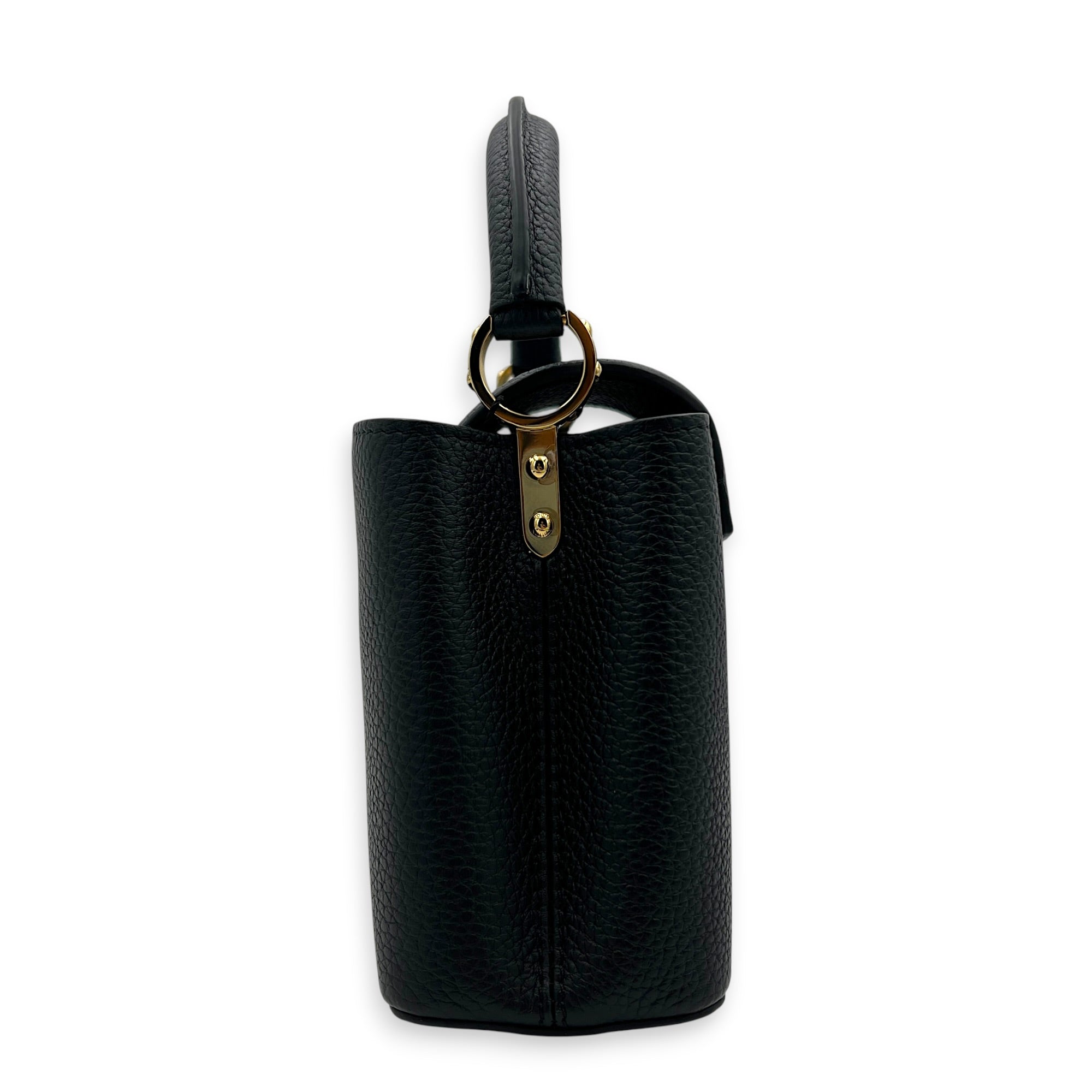 Capucines Mini Black Top Handle Bag in Taurillon Leather, Gold hardware