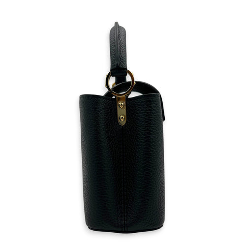 Capucines Mini Black Top Handle Bag in Taurillon Leather, Gold hardware