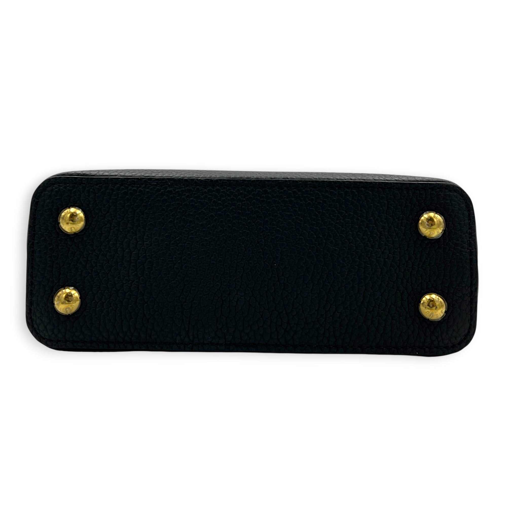 Capucines Mini Black Top Handle Bag in Taurillon Leather, Gold hardware