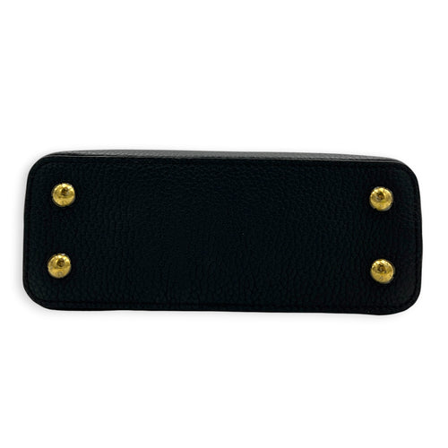 Capucines Mini Black Top Handle Bag in Taurillon Leather, Gold hardware