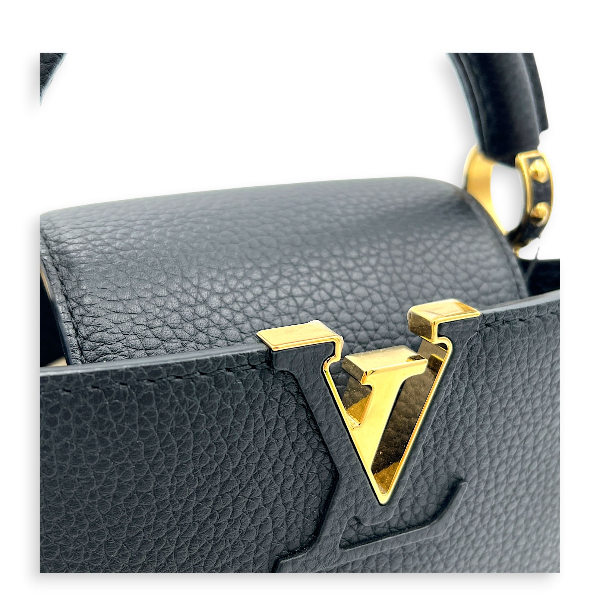 Capucines Mini Black Top Handle Bag in Taurillon Leather, Gold hardware