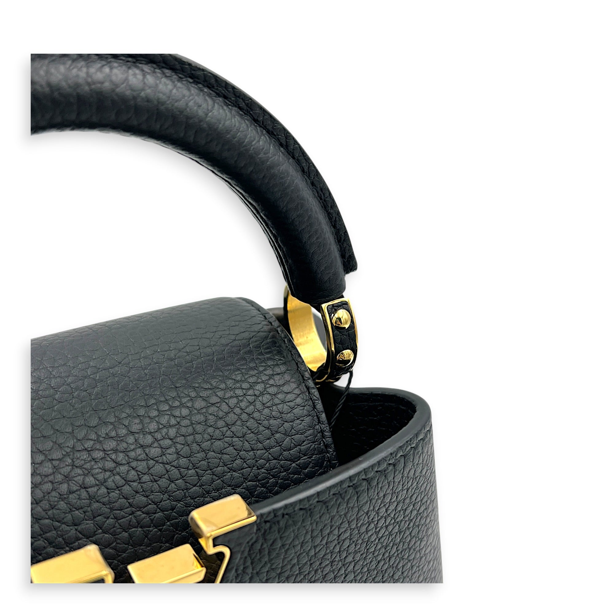 Capucines Mini Black Top Handle Bag in Taurillon Leather, Gold
