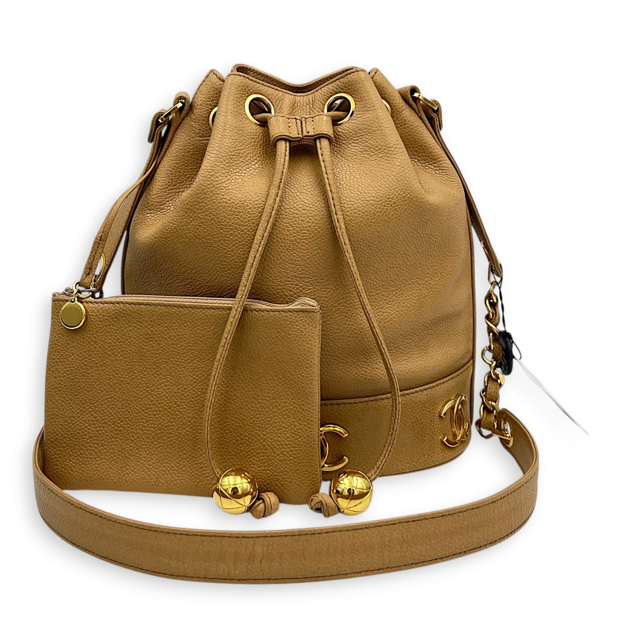 CC Bucket Bag Beige in Caviar Leather, Gold hardware