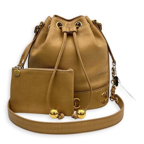 CC Bucket Bag Beige in Caviar Leather, Gold hardware