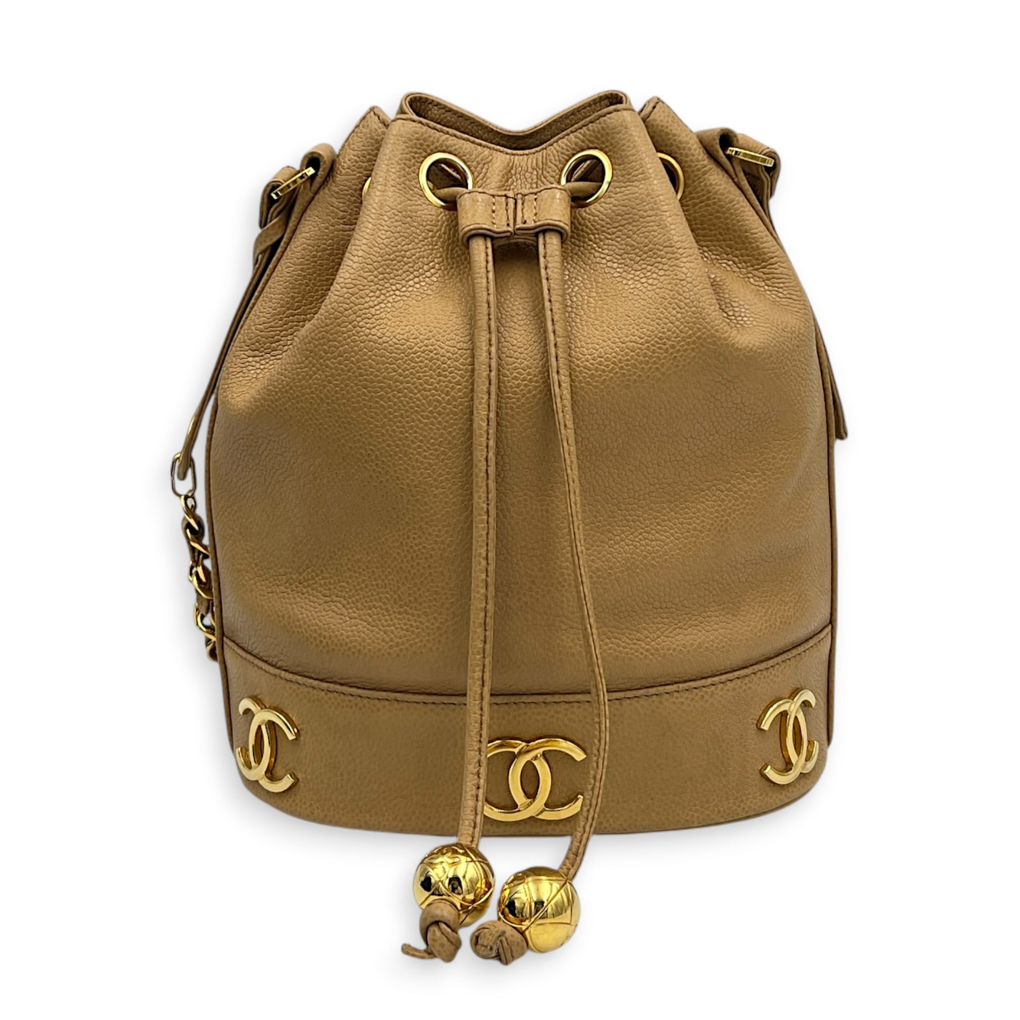 CC Bucket Bag Beige in Caviar Leather, Gold hardware