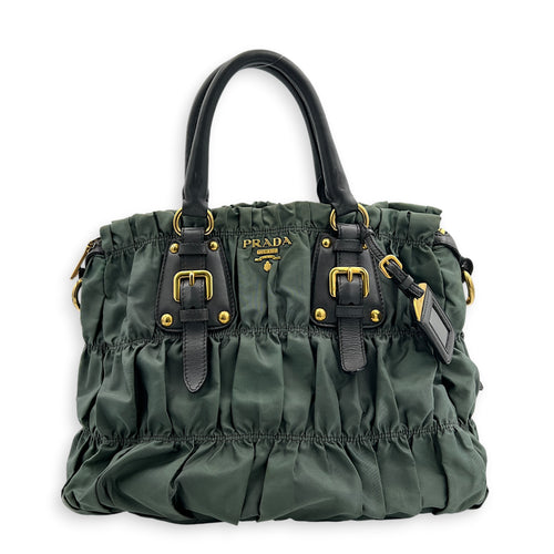 Gaufre Top Handle Bag Military Green in Nylon, Gold hardware