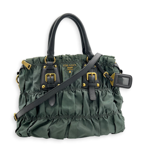 Gaufre Top Handle Bag Military Green in Nylon, Gold hardware