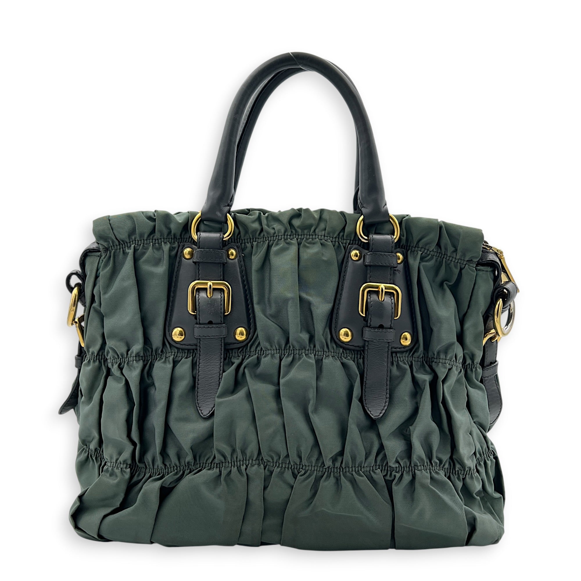 Gaufre Top Handle Bag Military Green in Nylon, Gold hardware