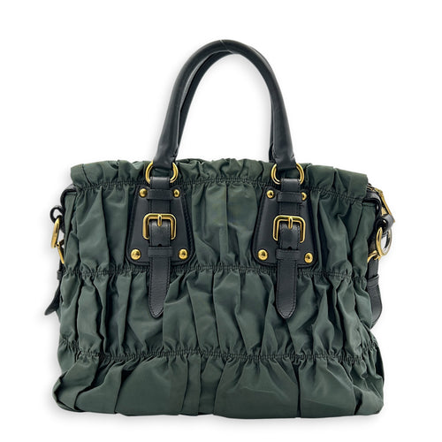 Gaufre Top Handle Bag Military Green in Nylon, Gold hardware