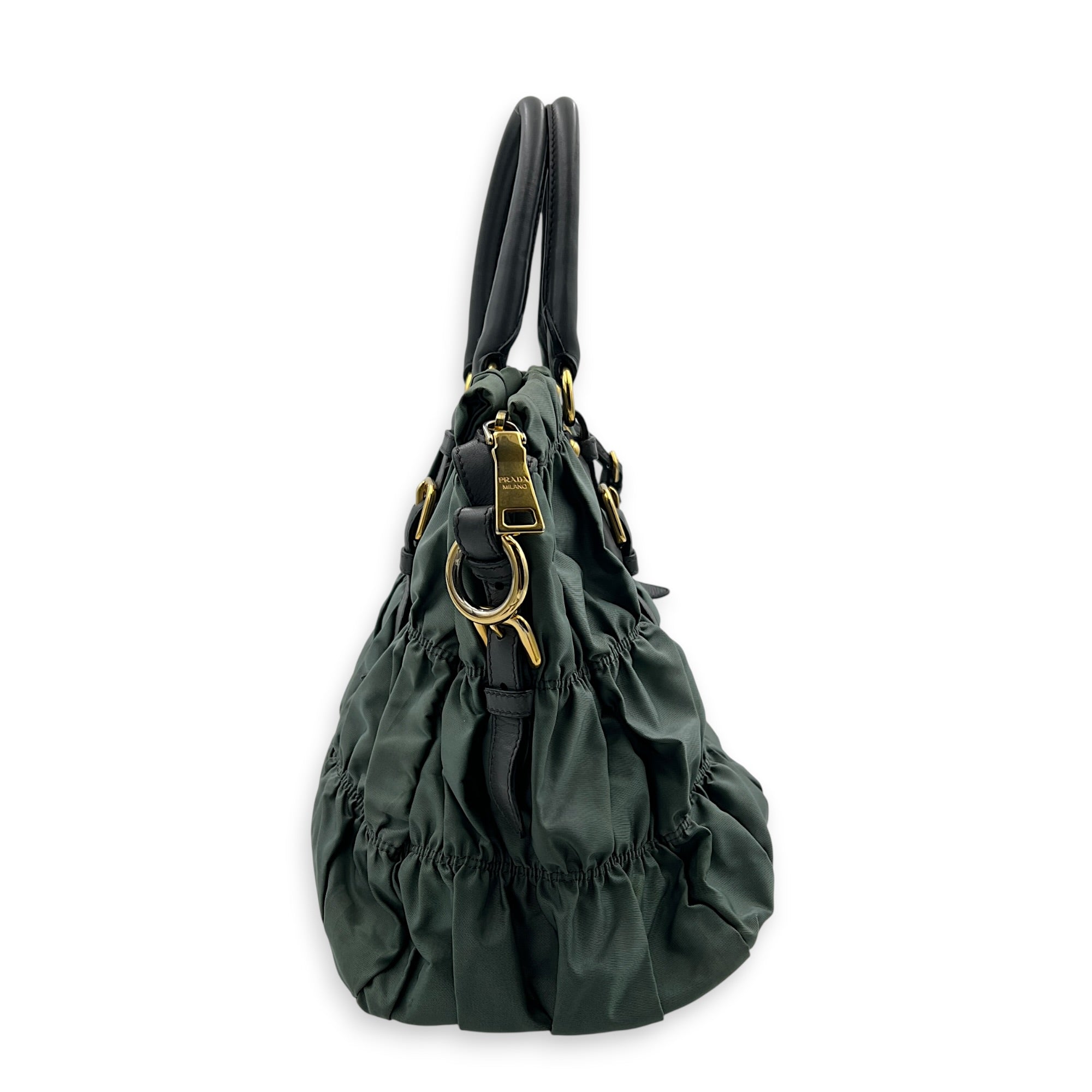 Gaufre Top Handle Bag Military Green in Nylon, Gold hardware