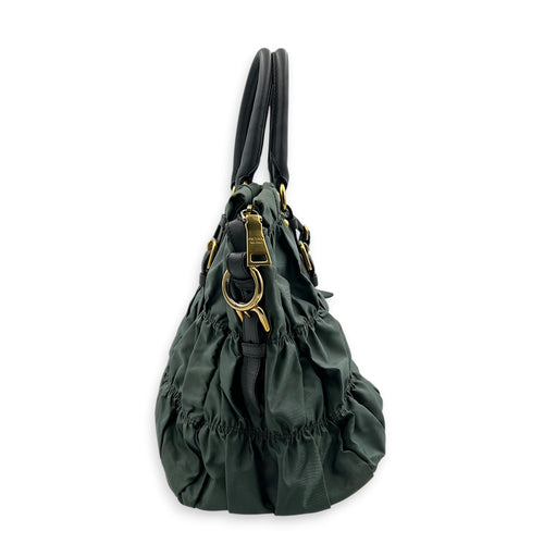 Gaufre Top Handle Bag Military Green in Nylon, Gold hardware