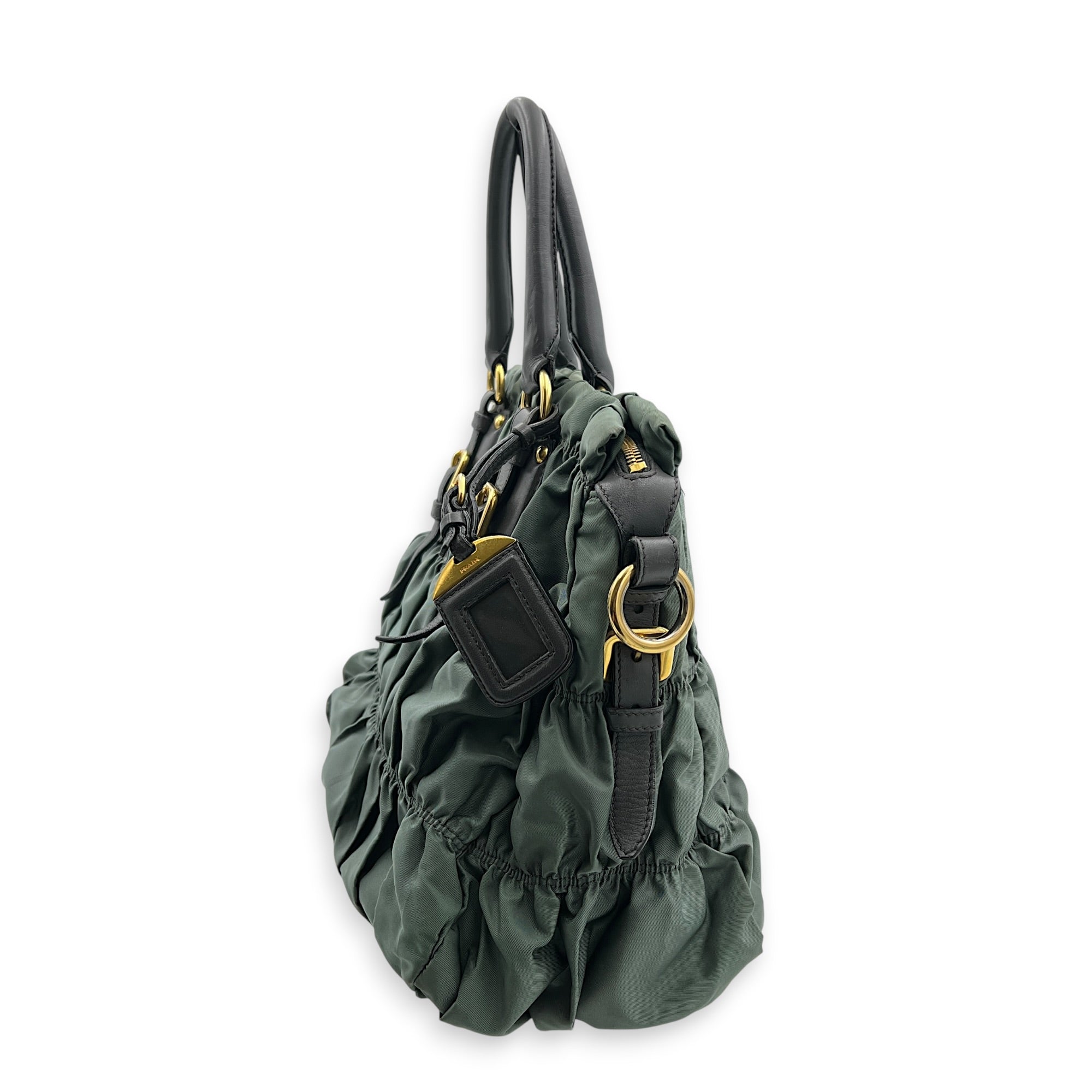 Gaufre Top Handle Bag Military Green in Nylon, Gold hardware