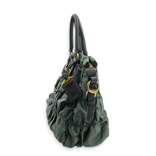 Gaufre Top Handle Bag Military Green in Nylon, Gold hardware