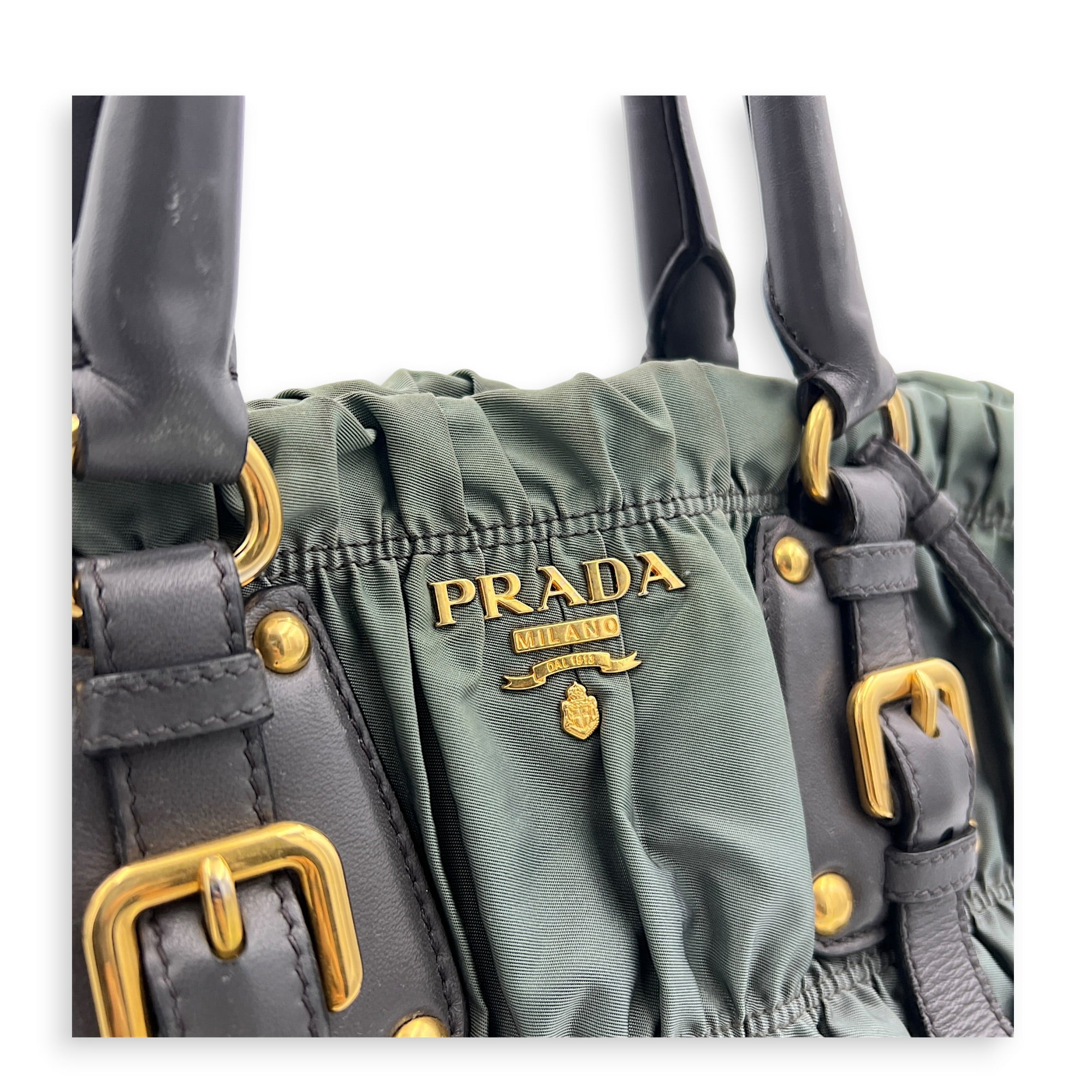 Gaufre Top Handle Bag Military Green in Nylon, Gold hardware