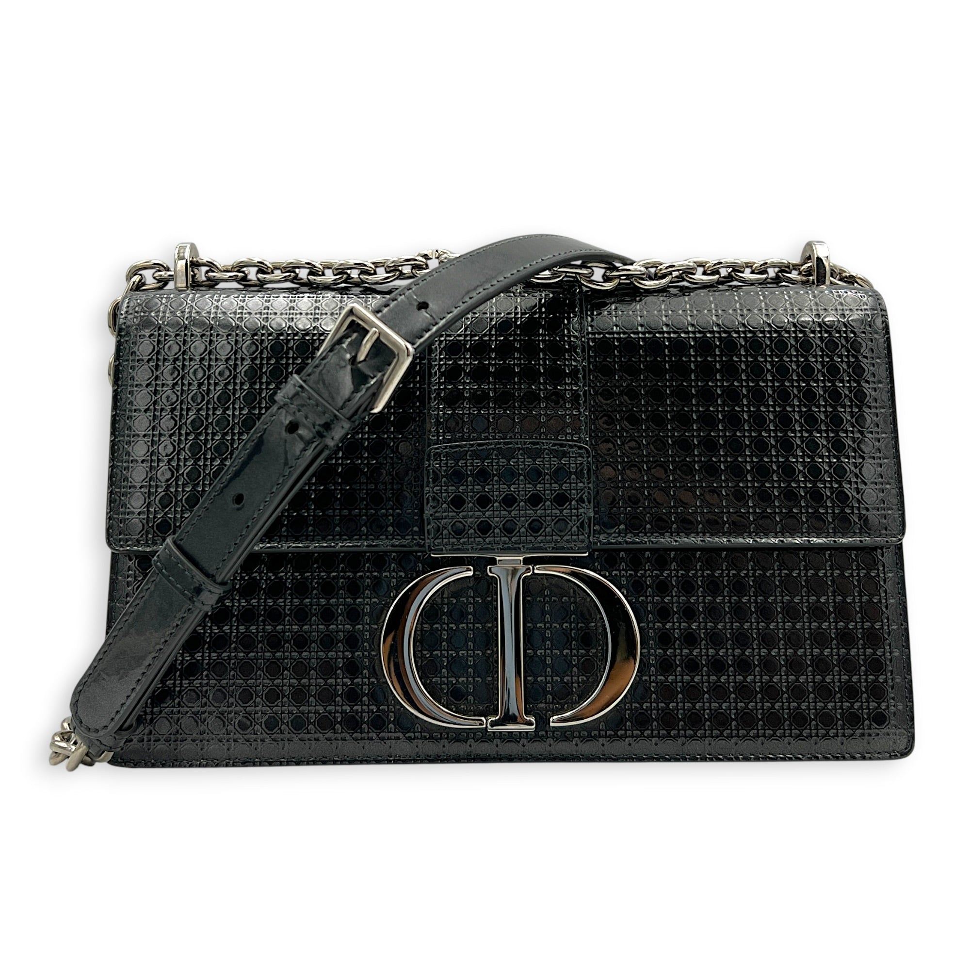 30 Montaigne Shoulder Bag Medium Black in Patent Leather, Silver hardware