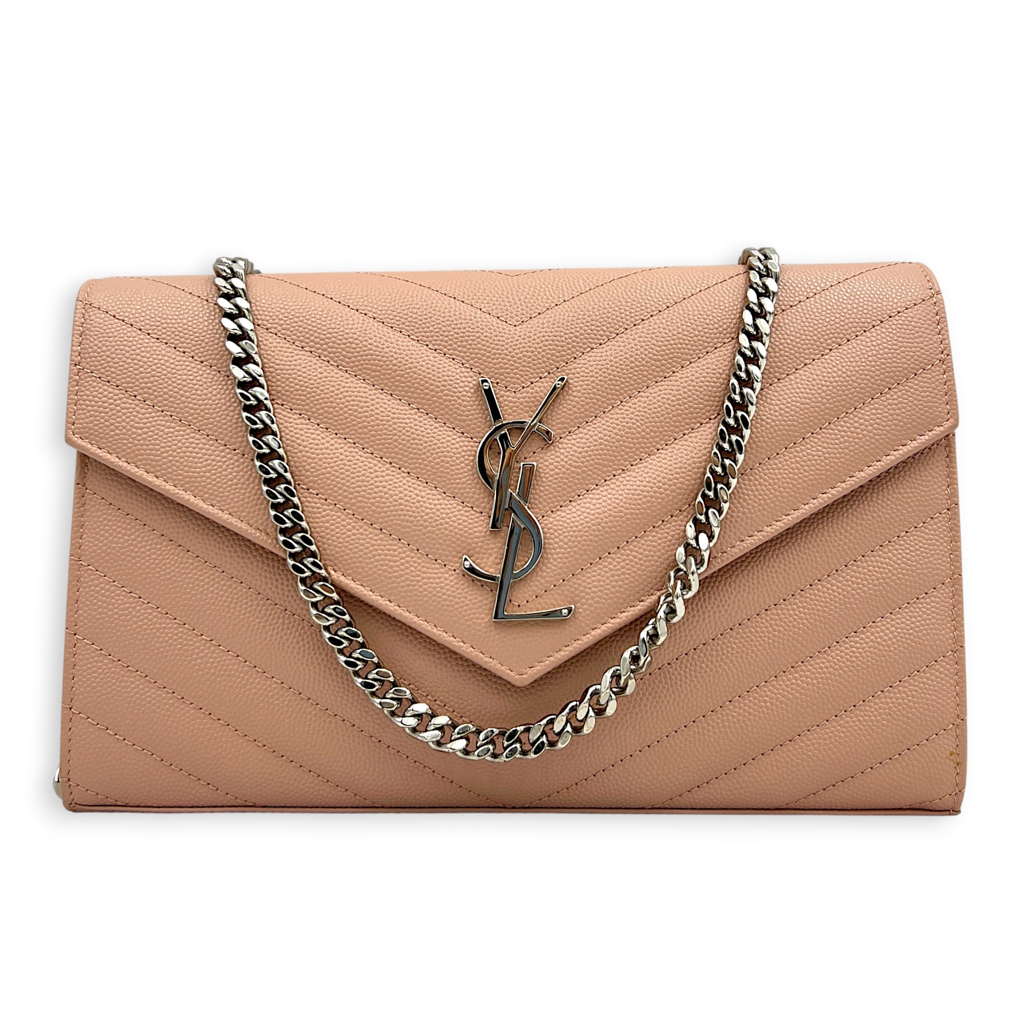 Cassandre Wallet On Chain Pink in Caviar Leather, Silver hardware