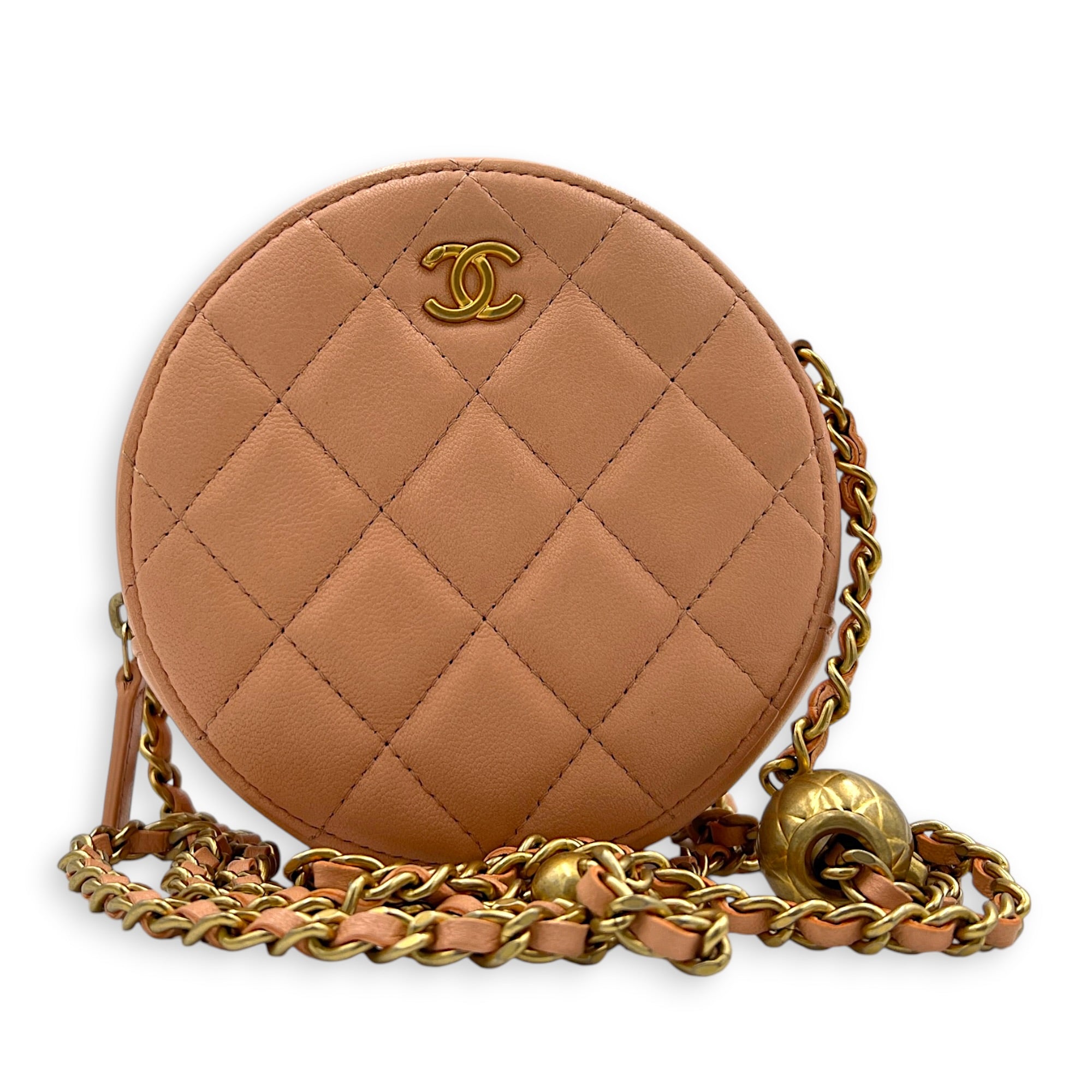 Round CC Mini Pink Crossbody Bag in Lambskin, Gold hardware