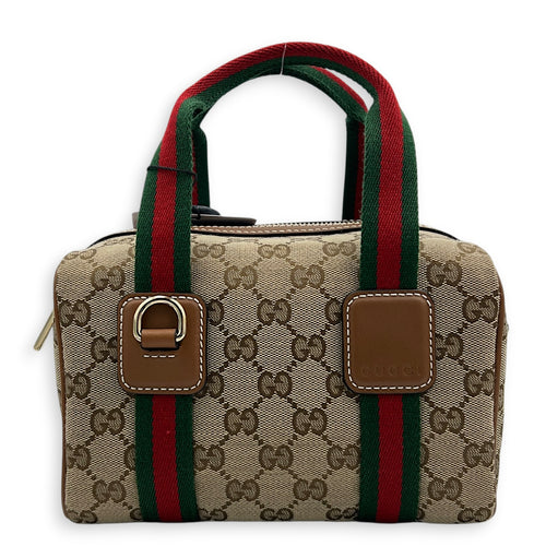 GG Supreme Top Handle Bag Small Beige Ebony in Monogram Coated Canvas, Gold hardware